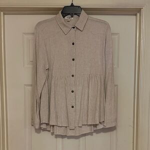 Umgee Light Tan Button-Down Shirt with Pleated Hem